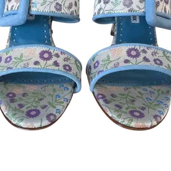 Manolo Blahnik Floral Blue Gable Buckle High Heel Sandal Mule 37 - Picture 6 of 11